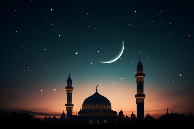 mosque's dome and minarets under a crescent moon