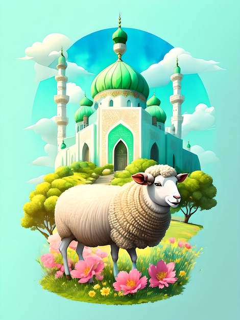 Mosque and Sheep Eid Al Adha Greeting Poster