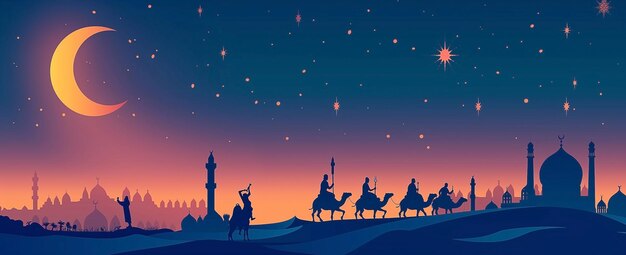 A mosque silhouette in the background people on camels under one moon a night sky with stars