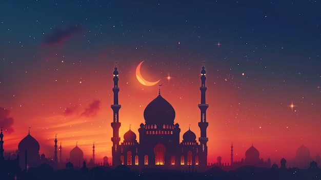 mosque silhouette illustration intricate details of mosque and the crescent moon