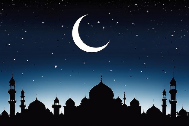 mosque silhouette in night sky with crescent moon and star