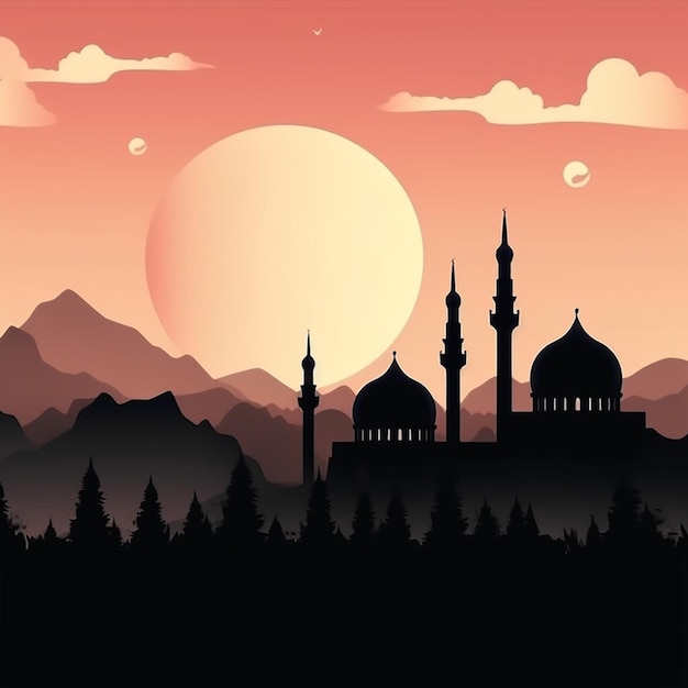 Mosque silhouette in sunset view with clouds and mountain 2