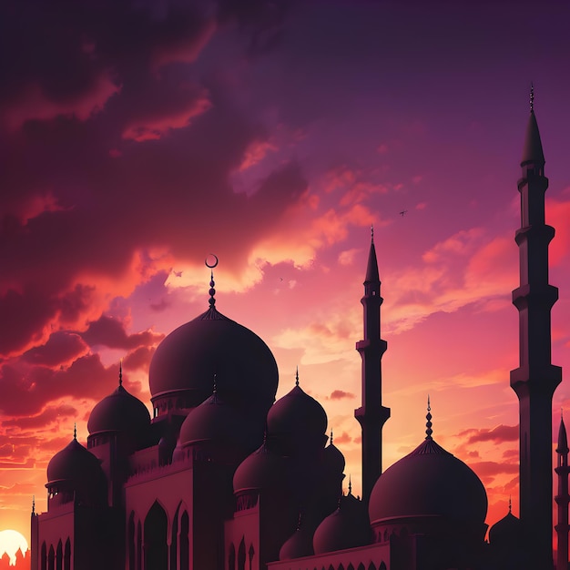 Mosque Silhouette on Vibrant Sunset Sky