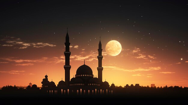 Mosque silhouette with large moon at sunset reflecting on water