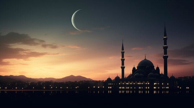 Mosque silhouette with large moon at sunset reflecting on water