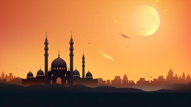 A mosque silhouetted at dusk Generative AI