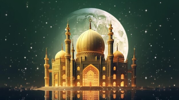 The mosque and the sky at night with half moon