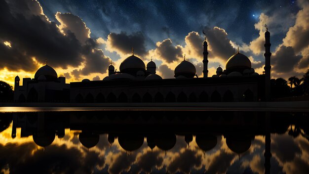 Photo a mosque in the sky with clouds and the sun reflecting on the water