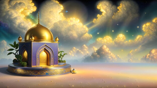 A mosque in the sky with clouds and the sun shining on it.