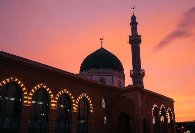 Mosque stands at dusk with illuminated huzurah mosques picture