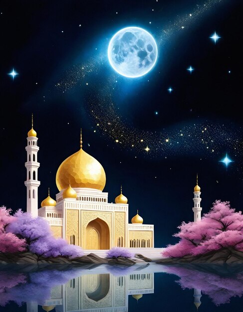 Photo mosque stands in front of a lake with art depicted in a starry moon night sky background