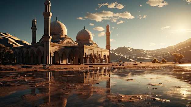 mosque at sunset in a large landscape