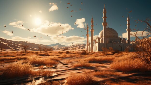 mosque at sunset in a large landscape