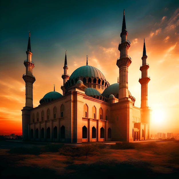 Mosque at sunset in the rays of the setting sun Ramadan Kareem