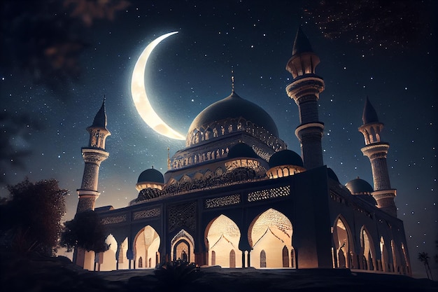 Mosque sunset sky moon holy night islamic night and silhouette mosque AI Generated