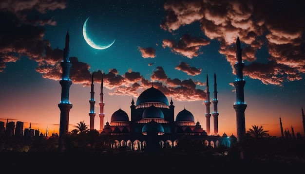 モスクの夕焼け空、月、聖なる夜、イスラムの夜、シルエット、モスク、イスラムの壁紙、ジェネレーティブ AI