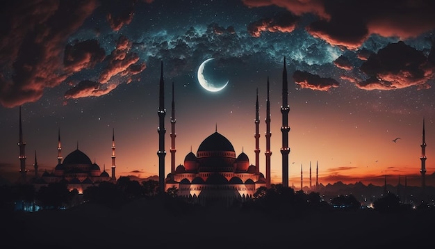 Mosque sunset sky moon holy night islamic night and silhouette mosque islamic wallpaper Generative AI