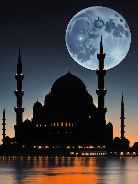 Mosque sunset sky moon holy night islamic night and silhouette mosque panaromic islamic wallpaper