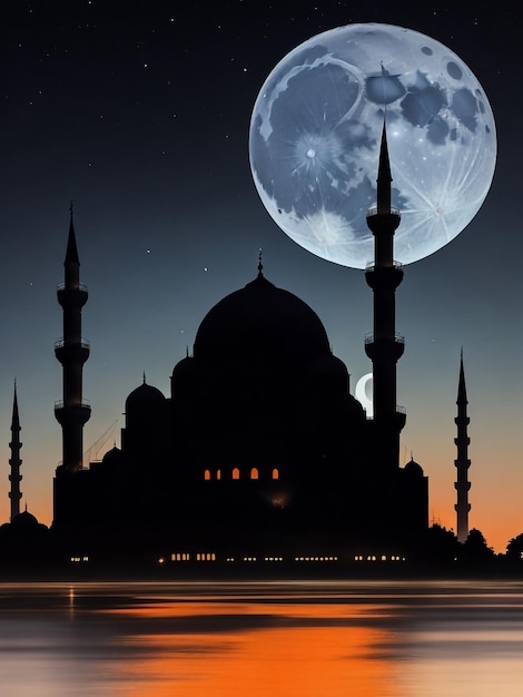 Mosque sunset sky moon holy night islamic night and silhouette mosque panaromic islamic wallpaper