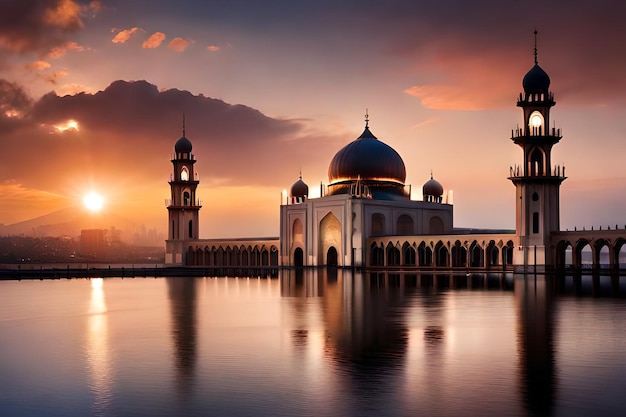 A mosque in the sunset with a beautiful sky