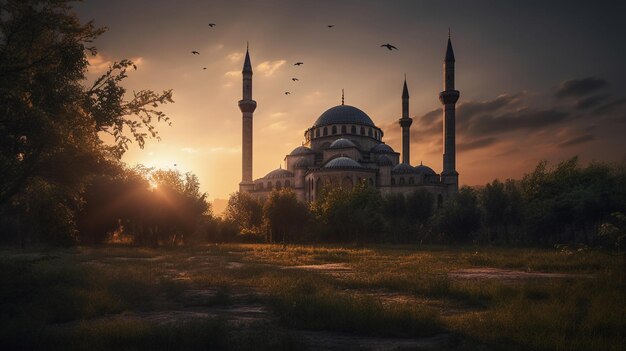 A mosque in the sunset with birds flying in the sky