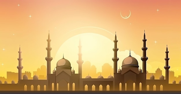 A mosque in a sunset with a crescent moon in the background.