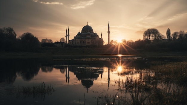 A mosque in the sunset with the sun setting behind it