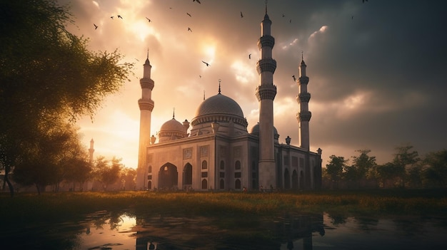 A mosque in the sunset with the sun setting behind it