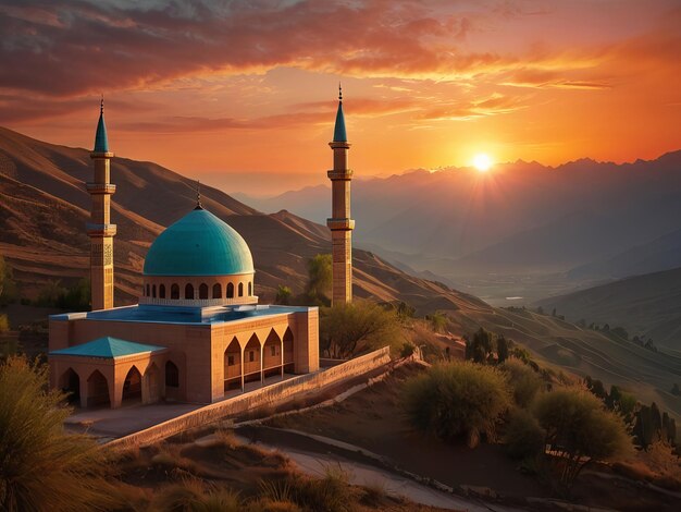 Mosque in the valley beautiful view Vibrant Color Sunset dawn