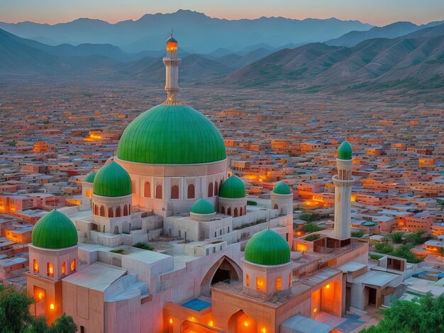 Mosque in the valley beautiful view Vibrant Color Sunset dawn