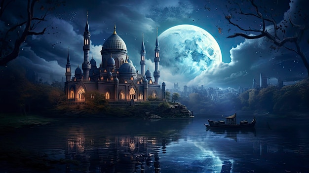 Photo mosque in the water under the moon at night vibrant background nature art fairy