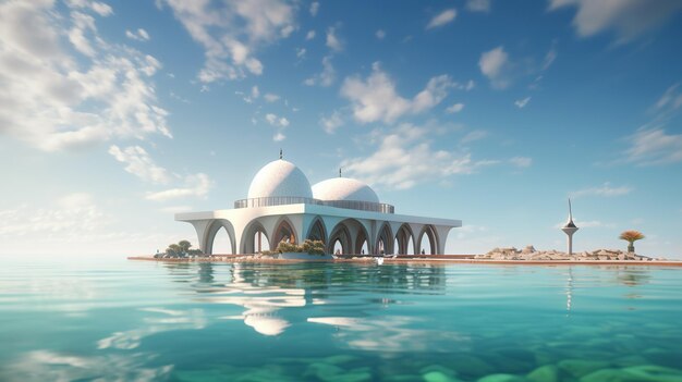 A mosque in the water with the sky in the background