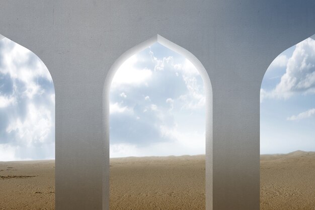 Mosque window with a desert view and blue sky background