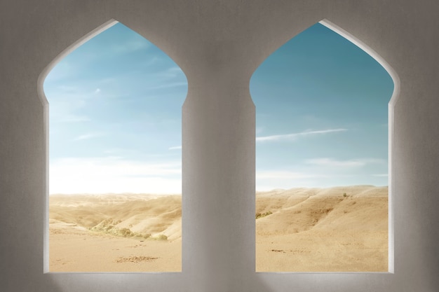 Mosque window with a desert view