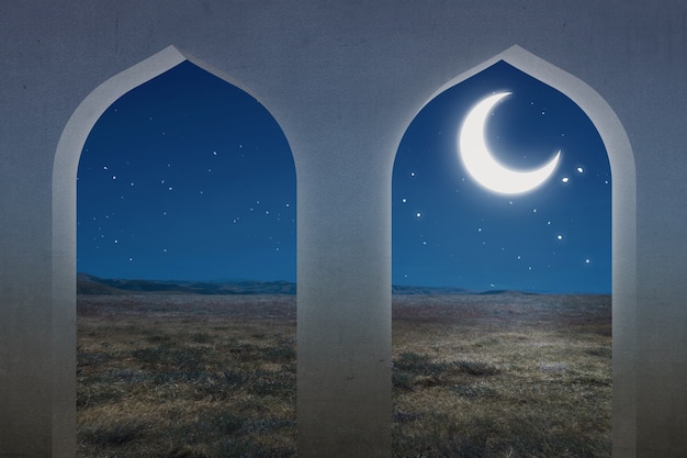 Mosque window with a meadow view and the night scene background