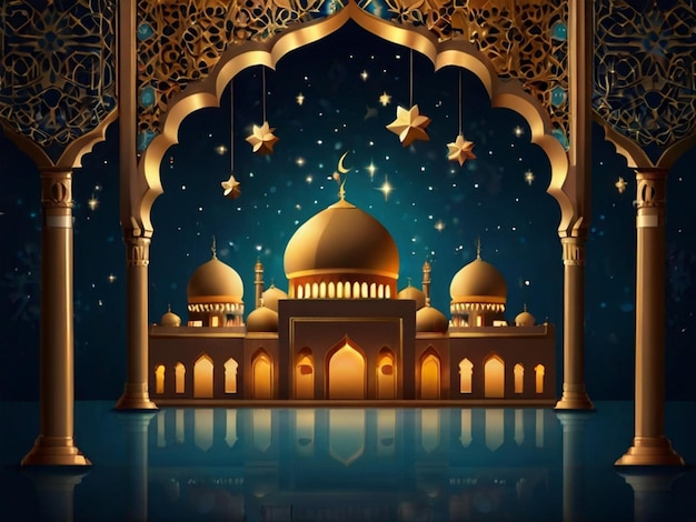 mosque with beautiful and neat hanging lamp decorations with the concept of Eid alFitr