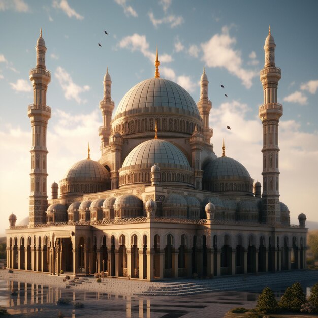 a mosque with birds flying around it and a blue sky with clouds.