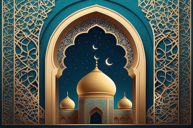 a mosque with a blue background and a moon and stars