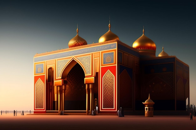 青色の背景と上部に「eid al - adha」という言葉があるモスク。