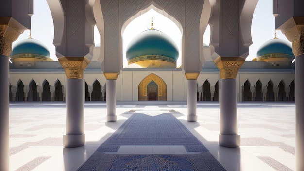 A mosque with a blue dome and a green dome.