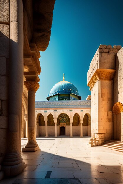 A mosque with a blue dome and a green dome