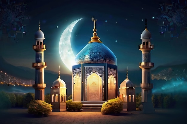 a mosque with a blue dome and a moon on the top