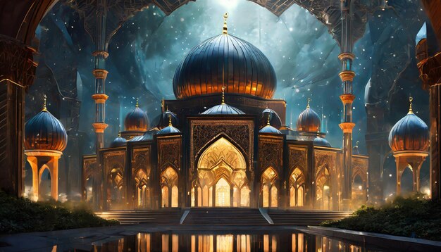 A mosque with a blue dome and a reflection of a building in the water