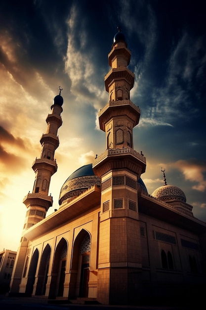 A mosque with a blue dome and the sky is cloudy