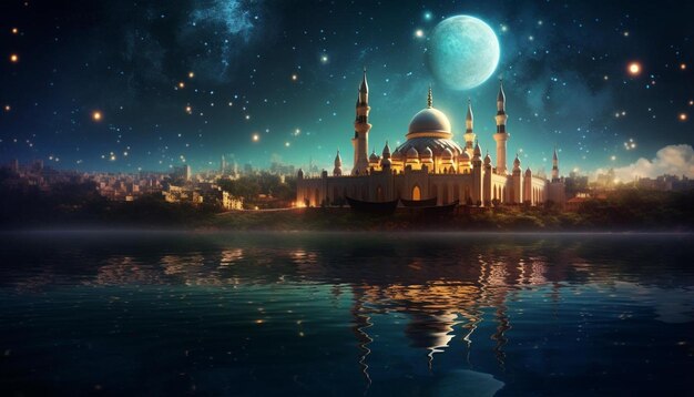 a mosque with a blue moon and a starry night sky