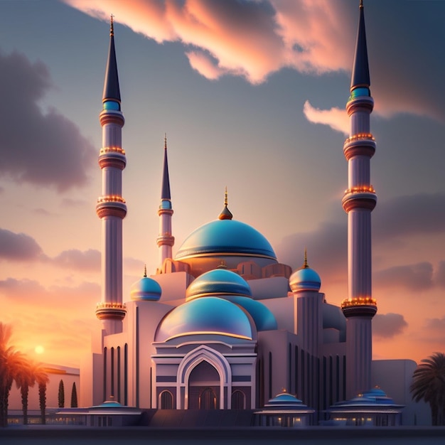 A mosque with a blue roof and the sun setting behind it.