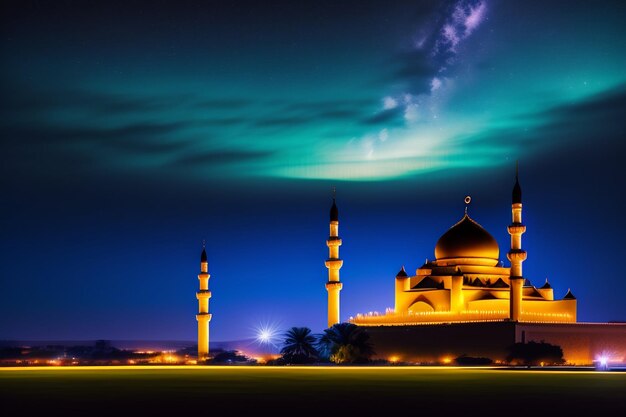 青い空と雲の夜のモスク