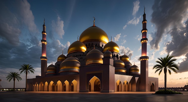 Foto una moschea con un cielo blu e nuvole