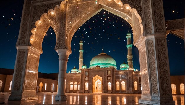 Photo a mosque with a blue sky and a mosque in the background