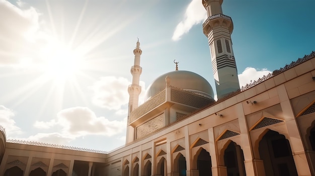 A mosque with a bright sun shining over it